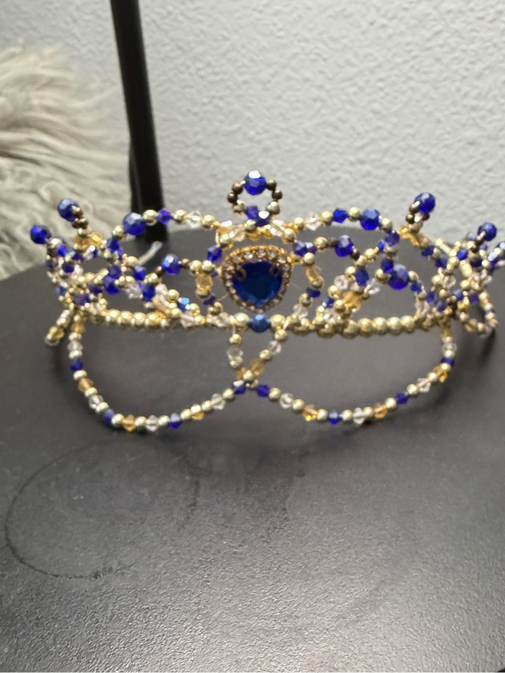 Blue and Gold Beaded Tiara Crown - Women Accessories